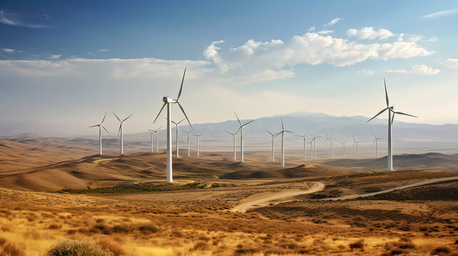 concept idea eco green energy. wind turbines in fields. 
incredible landscape. generate ai