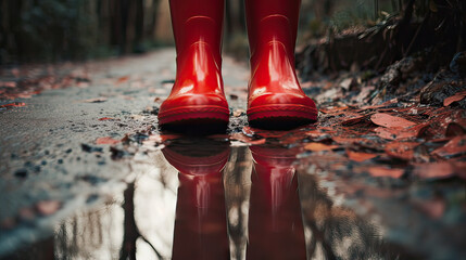 red rubber boots in puddles and swamps. generate ai