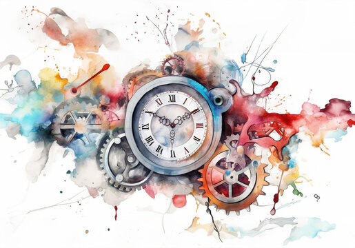 Watercolor illustration of a vintage clock face and gears with colorful splashes of watercolor paint