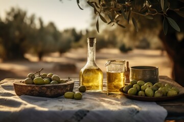 Golden Olive Oil Bottle and Olives on Wooden Table in Green Olive Field - Morning Sunshine Photo