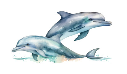 Obraz na płótnie Canvas watercolor painting illustration of two dolphin swimming in pastel paint drops isolated on a white background , generative AI