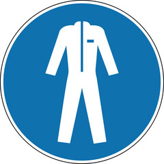 Protective clothing sign. Mandatory sign. Round blue sign. Wear protective clothing. Protective body suit.