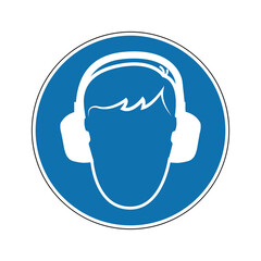 Hearing protection sign. Mandatory sign. Round blue sign. Caution noise, loud sound. Wear earmuffs or ear plugs. Follow the safety rules.