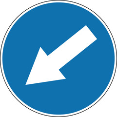 Obstacle avoidance sign on the left side. Mandatory sign. Round blue sign. Detour of obstacles located on the carriageway is allowed on the left side. Road sign. Detour on the left side.