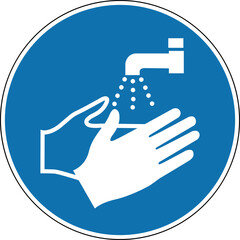 Fototapeta premium Wash your hands sign. Mandatory sign. Round blue sign. Keep clean hands. Personal hygiene. Wash your hands to avoid disease and bad germs.