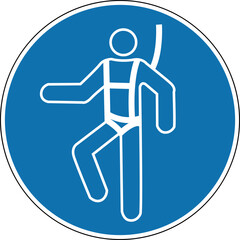 Sign of safety equipment at height. Mandatory sign. Round blue sign. Tie-down belts. Work at height only with climbing equipment. Follow safety rules at height. Seat belts.