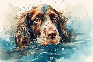 Watercolor illustration of spaniel swimming with drops and splashes of watercolor paint