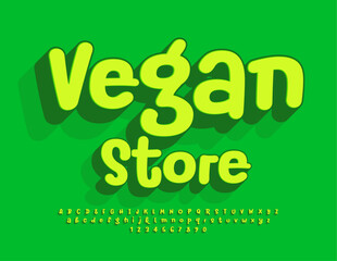 Vector artistic poster Vegan Store.  Bright handwritten Font. Funny 3D Alphabet Letters, Numbers and Symbols set.