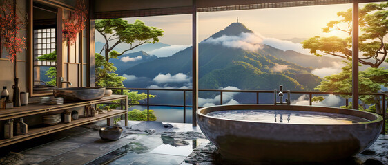 Luxury eco  hotel resort bathroom with a modern minimalist interior design and a large bathtub. The rental has fantastic views of the mountains and is part of a great vacation.