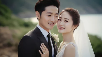 Fotobehang Amazing smiling korean wedding couple. Pretty bride and stylish groom. © JKLoma