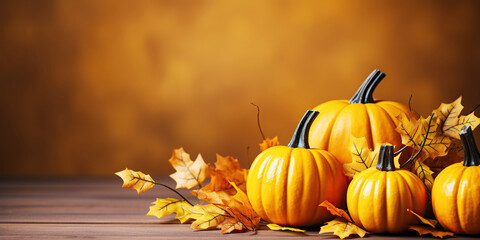 orange Halloween background with pumpkins, leaves, twigs - obrazy, fototapety, plakaty