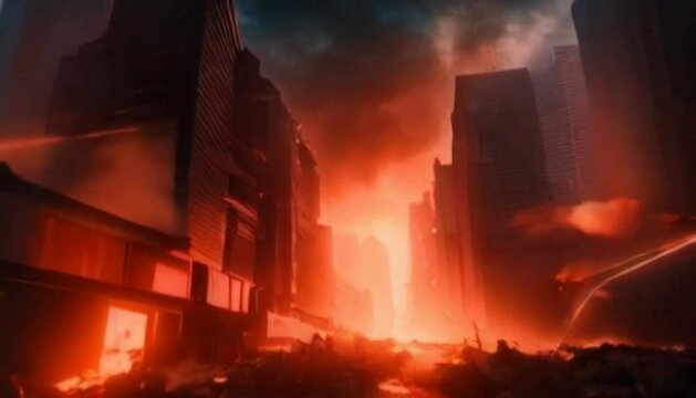 a post apocalyptic city street with tall buildings on both sides. burning city. Illustrated video. AI generated video.