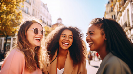 Three multiracial young women having fun walking on city street - Happy girlfriends hanging outside on a sunny day - Different females laughing together outside - Life style and friendship concept - obrazy, fototapety, plakaty