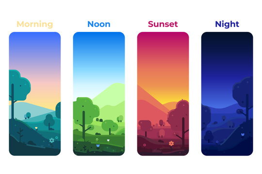Landscape illustration of the four times of day. Dawn, noon, sunset, midnight. Four illustrations in one