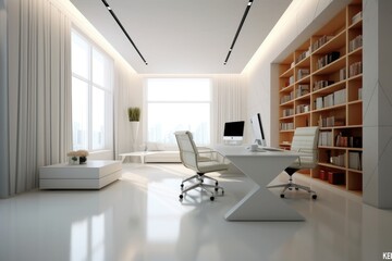 Home office in modern apartment with big bookcase, generative AI