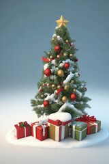  Christmas tree with golden and red balls, with gifts and snow, created with the help of Artificial Intelligence