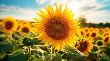 Close-up of a sunflower in a sunflower field, generated by AI
