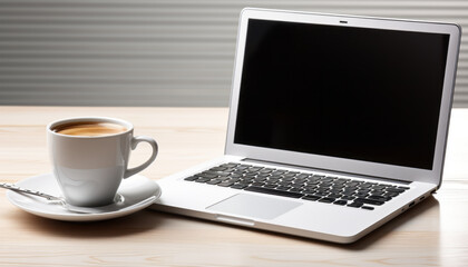 A white office desk with Moderne gadgets in white office room,laptop and coffee.