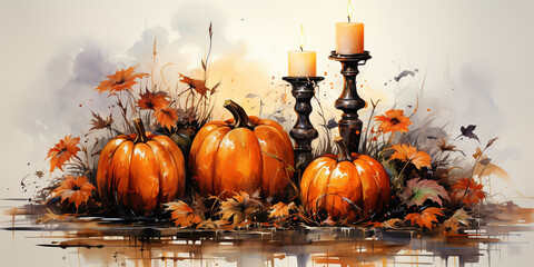 Halloween acrylic illustration, pumpkins, still life, candles, leaves, flowers