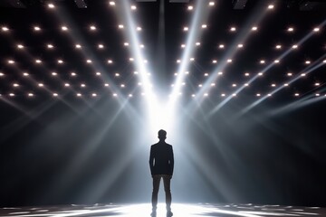 Fototapeta na wymiar Rear view of silhouette of man standing on the scene among spotlights, generative AI