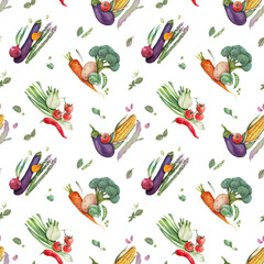 Obraz premium Organic vegetables seamless pattern. Hand-drawn watercolor vegies. Healthy vegetarian food background. Colorful seamless pattern with fresh vegetables isolated on white.