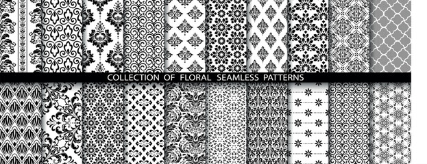 Geometric floral set of seamless patterns. White and black vector backgrounds. Damask graphic ornaments.