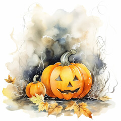 Halloween acrylic illustration, pumpkins, smoke, leaves