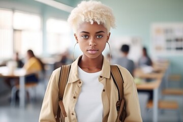 Portrait of African American student with backpack looking at camera while standing in classroom, generative AI