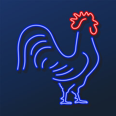 rooster neon sign, modern glowing banner design, colorful modern design trends on black background. Vector illustration.