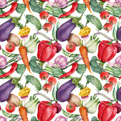 Organic vegetables seamless pattern. Hand-drawn watercolor vegies. Healthy vegetarian food background. Colorful seamless pattern with fresh vegetables isolated on white.