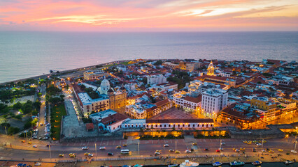 Aerial Sunset Drone Above Cartagena Town Colombia Cathedral Cityscape Beautiful Skyline, HIstorical Landmark of Latin America