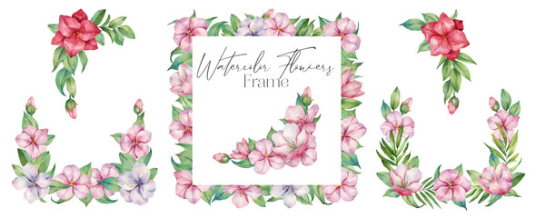 Watercolor set of floral arrangements and frames with pink, lilac and red flowers for wedding invitations, design social media posts and printing on various products.
