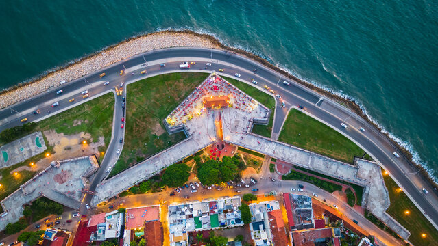 Baluarte de Santo Domingo, Cartagena, Colombia. Top Down Aerial View of Old Bastion and Coastal Traffic, High Angle Drone