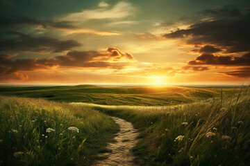 a path through a grassy field around sunset, in the style of landscape-focused, matte background