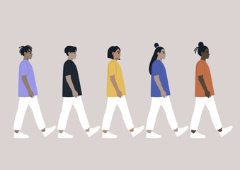 A group of young diverse characters striding in unison as a representation of unity