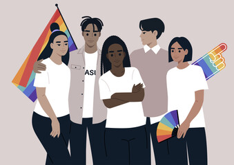A diverse and inclusive LGBTQIA environment is depicted as a group of young characters adorned with rainbow accessories, embracing each other warmly - obrazy, fototapety, plakaty
