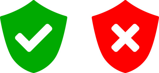 Fototapeta premium Shield Green and Red Safe and Unsafe Security Icon Set with Checkmark and X Cross Signs. Vector Image.
