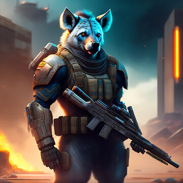 An angry Hyena cyberpunk, standing on an alone strait, holding weapon, warrior look