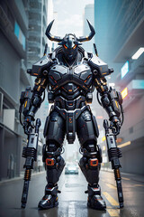 An angry black bull soldier cyberpunk, standing on a destroyed road, holding weapon, warrior background, metallic body, robotics, futuristic and realistic look