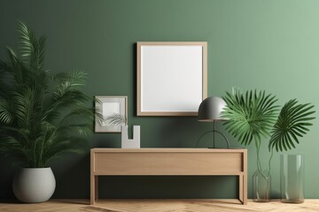 Modern 3D-Rendered Interior with Green Wall Photo Frame Mockup