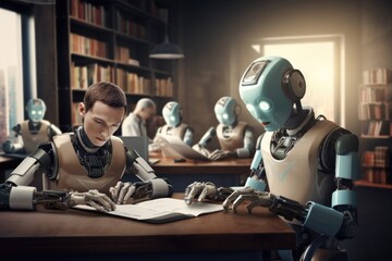 Fototapeta premium Robots learning knowledge from textbooks and write training, Generative Ai