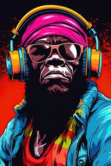 Gorilla rapper with headphones. Pop art style poster, t shirt design. Generative Ai