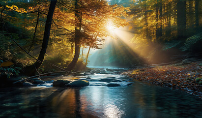 a river runs in the woods, in the style of god rays, environmental activism, sunrays shine upon it, luminous colors