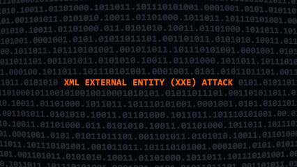 Cyber attack xml external entity (xxe) attack. Vulnerability text in binary system ascii art style, code on editor screen. Text in English, English text