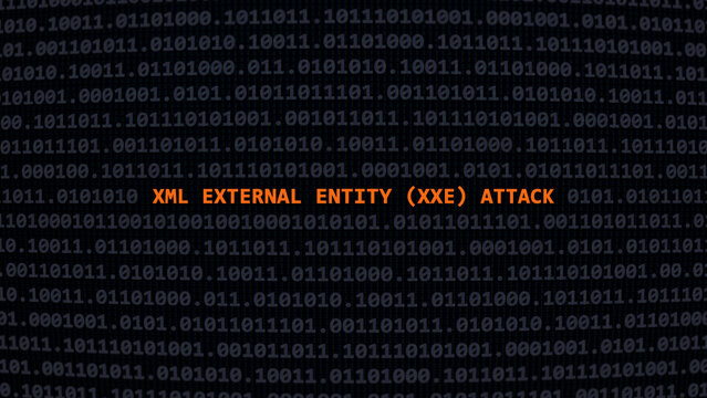Cyber attack xml external entity (xxe) attack. Vulnerability text in binary system ascii art style, code on editor screen. Text in English, English text