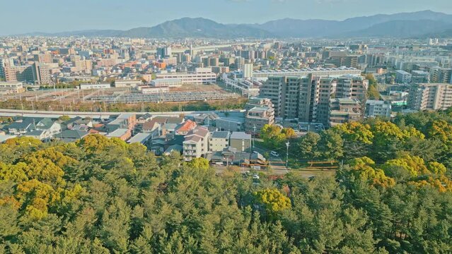 [Drone] Overlooking the wider forest and cityscape than the blue sky
