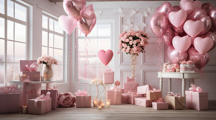 Fototapeta na wymiar Enchanting Pink Heart-Shaped Balloon and Gift Boxes: Symbolizing Love and Celebration in Whimsical Studio. Generative AI. 