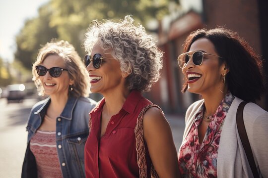 a photo of three diverse middle-aged mature women in modern stylish clothes smiling, mature friendship representation. Street style photography. Generative AI technology