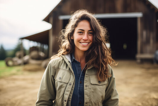 Portrait of a beautiful young woman next to the barn in her farm. Generative AI.