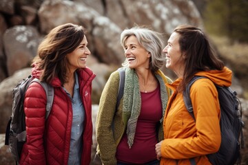 Fototapeta premium a photo of three diverse middle-aged mature women in trekking clothes sitting hiking together smiling, mature friendship representation. Generative AI technology